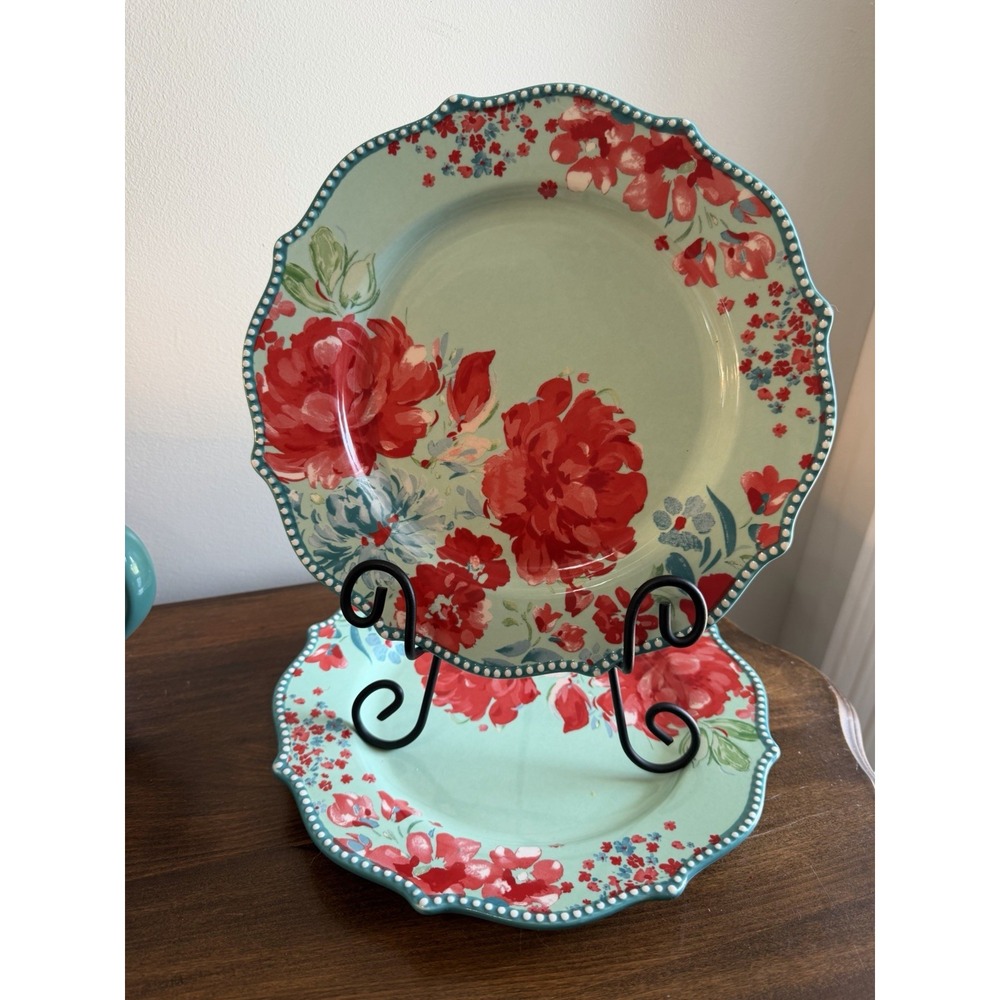 Pioneer Woman Garden Floral Set of 2 Dinner Plates Scalloped Edge 10.5"